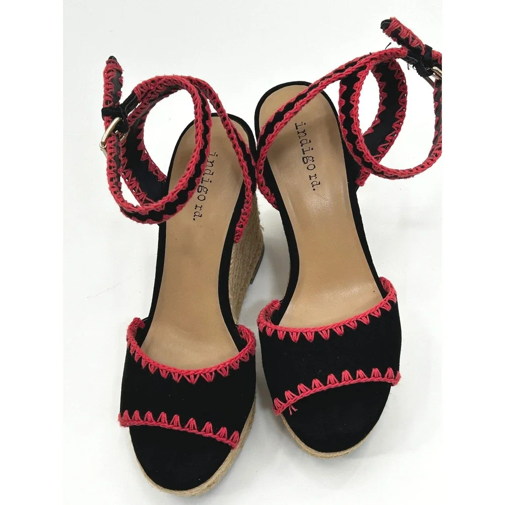 Indigo Rd Womens Black Pink Embroidered Espadrille Wedge Sandals Size 6